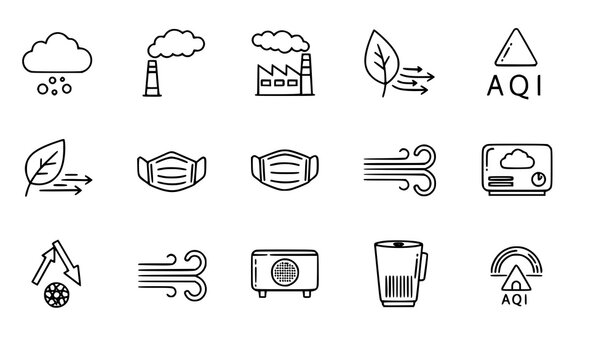 Air quality outline icon set with pollution environment and AQI symbols in clean line vector design