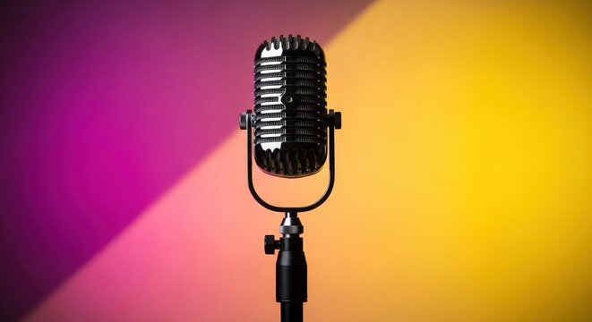  화려한 핑크와 옐로우 투톤 배경 앞의 빈티지 마이크, 팟캐스트 및 라디오 방송 콘셉트