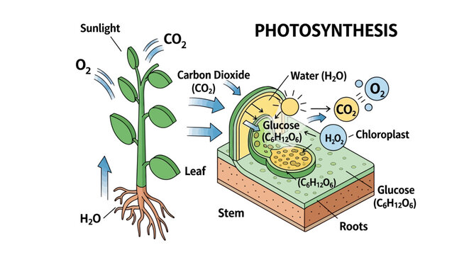Photosynthesis process in plants showing sunlight carbon dioxide water and oxygen.