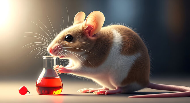 Curious brown and white mouse exploring a beaker of red liquid on a table with a cherry