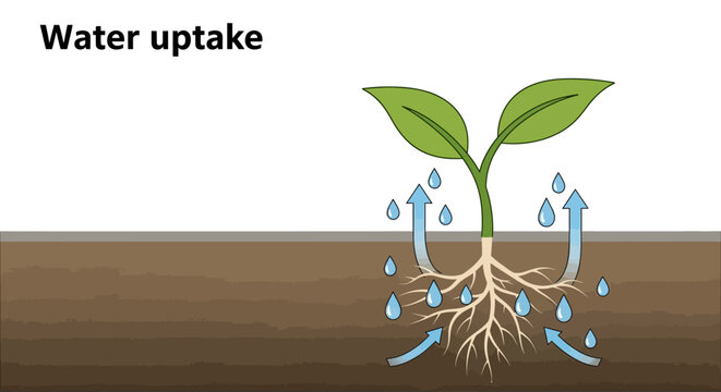 Plant water uptake process with roots and leaves.