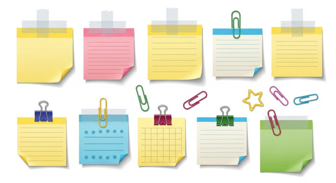 Collection of colorful sticky notes with clips and pins.