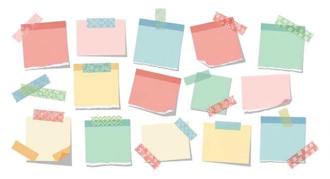 Collection of colorful sticky notes with decorative tape.