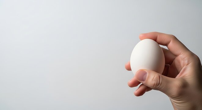 Hand holding a fresh white chicken egg on a neutral background