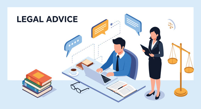 Professional lawyer providing legal advice to male client in office setting with books and scales of justice symbols.