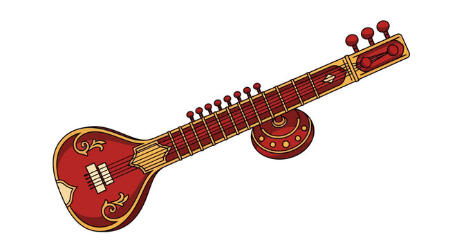 Traditional Indian Sitar String Instrument Illustration.