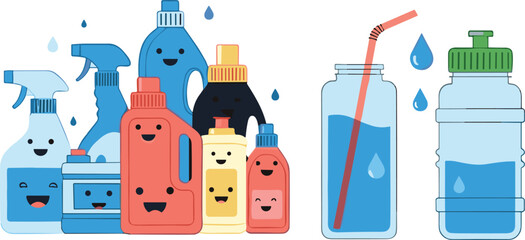 Fototapeta premium Cleaning supplies and water bottles with cute cartoon faces illustration set