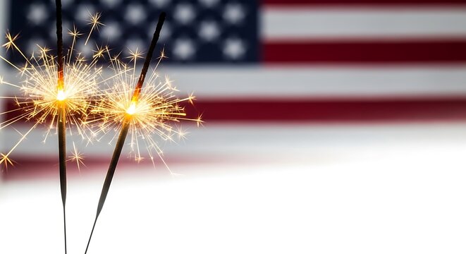 Two sparkling sparklers with American flag background isolated on white background