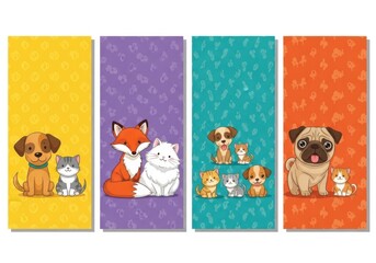 Fototapeta premium colorful flat lay pet family illustrations on vibrant gradient backgrounds