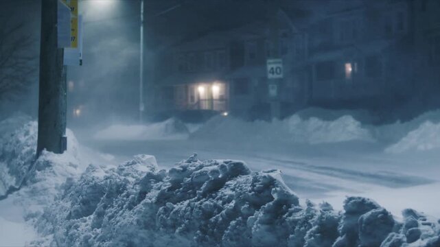 Cinematic night shot powerful snowstorm with high winds in Beechville near Halifax,Nova Scotia. Snow piles up into large drifts,blocking roads and walkways,streetlights barely cutting through blizzard