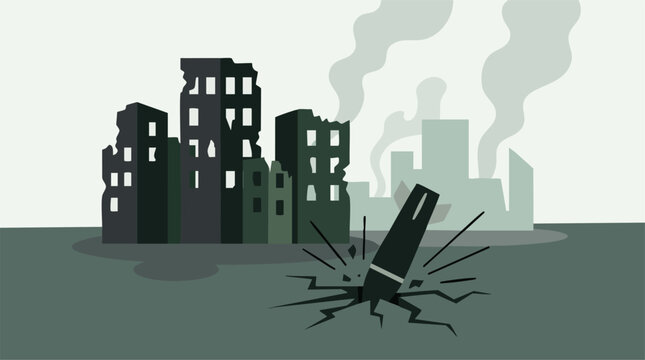 Concept of destruction caused by a pen in a demolished urban landscape
