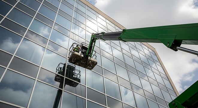 Window cleaner working on office building exterior with cherry picker