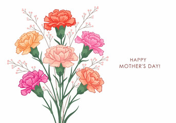 Obraz premium Happy Mother's Day Greeting Card Illustration with Colorful Carnation Flowers Bouquet and Baby's Breath on White Background