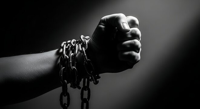 A clenched fist in chains representing struggle and oppression