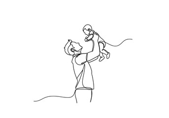 Obraz premium Continuous One Line Drawing of Father Lifting Baby in the Air - Minimalist Dad and Child Illustration for Father's Day and Parenting Concept