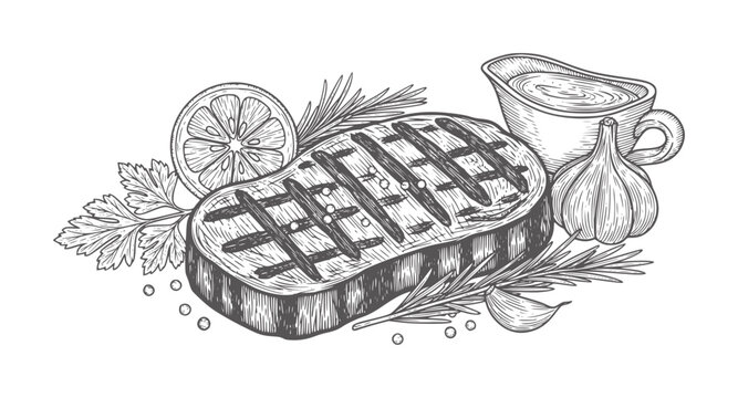 Grilled steak with lemon rosemary garlic and sauce food meat beef