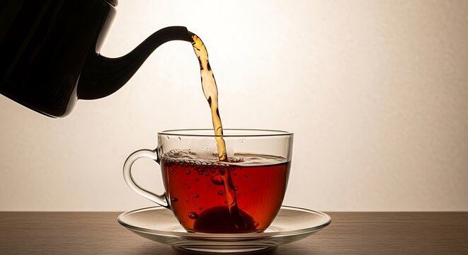 Pouring hot amber tea from a teapot into a glass cup
