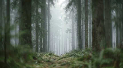 Fototapeta premium Misty Forest Path with Tall Green Trees and Soft Fog in Natural Wilderness