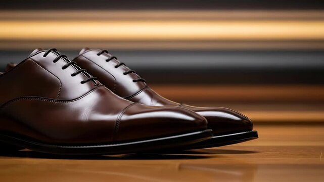 Classic brown leather oxford shoes displayed on a wooden floor indoors.