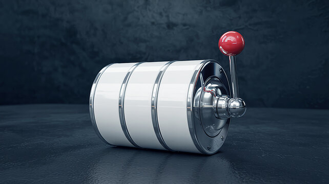Stylish 3D render of a slot machine with blank reels and a red lever, representing luck, chance, risk, and the thrill of potential winnings