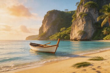 Obraz premium Tropical beach with wooden boat and limestone cliffs at sunset