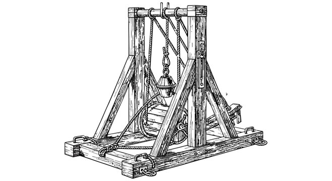 Medieval wooden trebuchet siege engine for launching projectiles
