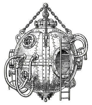 Vintage deep sea diving helmet with intricate details and chains