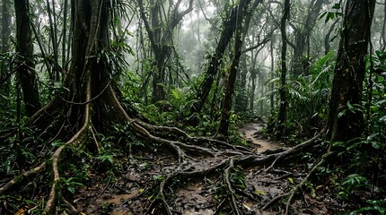 Fototapeta premium Lush Tropical Rainforest Pathway with Dense Vegetation and Wet Soil
