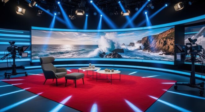 Contemporary television studio with a vast curved LED screen showcasing a dramatic ocean wave, furnished with a modern armchair and ottoman on a plush red carpet.
