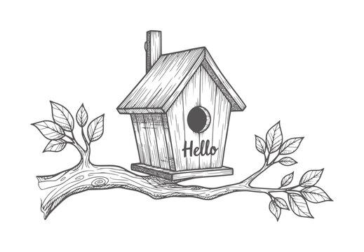 Hand drawn wooden birdhouse with hello text a tree branch
