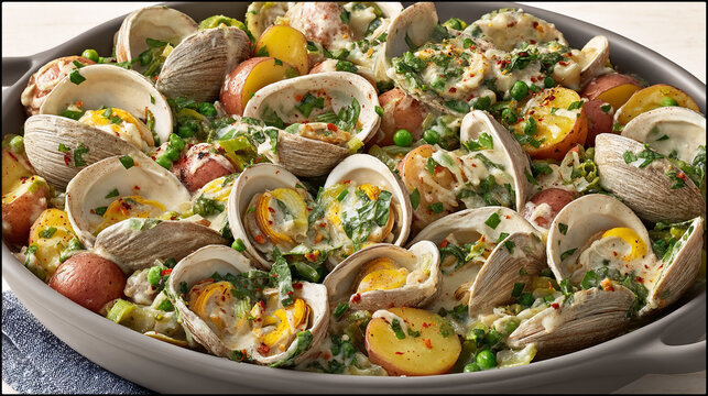 Fresh steamed clams with baby potatoes and green peas in a large shallow cooking pot, seafood boil