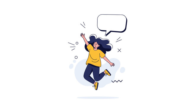 Joyful girl jumps into the air with a blank speech bubble and confetti around her to celebrate a happy moment or achievement.