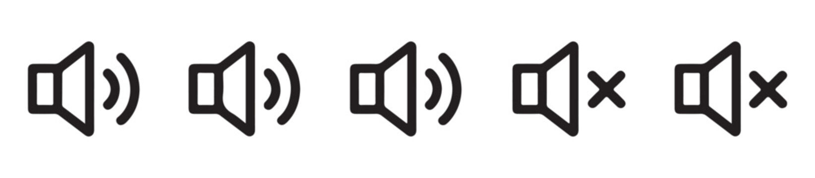Set of five stylized speaker icons representing sound levels from silent to loud, simple line art.