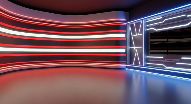 Empty modern virtual studio with curved LED walls featuring dynamic red and white horizontal lines and a blue-lit geometric grid, perfect for high-tech presentations.