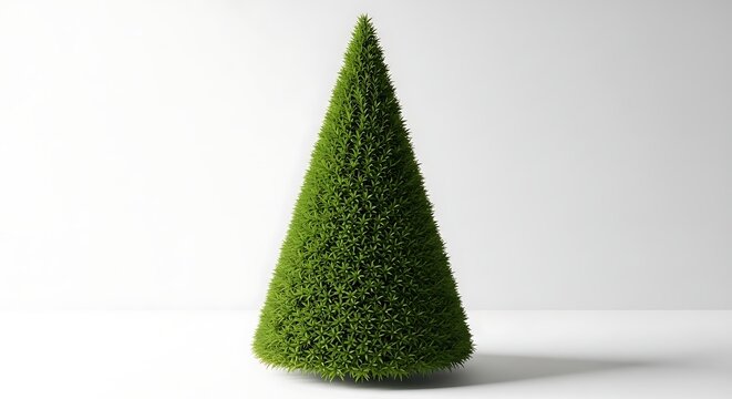 Green conical shaped hedge plant on white background