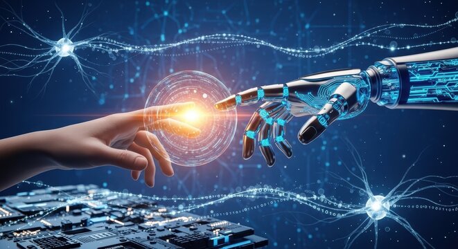 Conceptual image illustrating human-robot connection through touching hands, symbolizing artificial intelligence, technological advancement, and the integration of humanity with machines.
