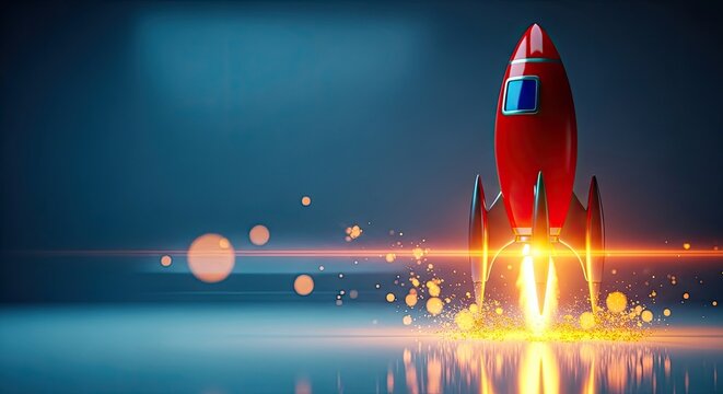A rocket soars into the night sky with vibrant flames and sparks
