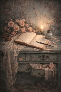 Offenes Buch mit Rosen und nostalgischer Schreibszene im Cottagecore Stil