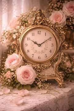 Antike Tischuhr mit rosa Rosen und romantischer Vintage Dekoration