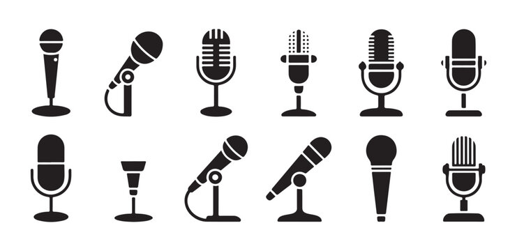 Set of retro microphone icons in solid black style representing podcasting broadcasting and radio communications.