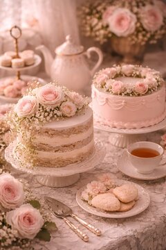 Romantische Vintage Teetafel mit rosa Torten, Rosen, Teekanne und zartem Porzellan