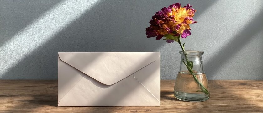 Envelope and single dried flower in glass vase on wood table