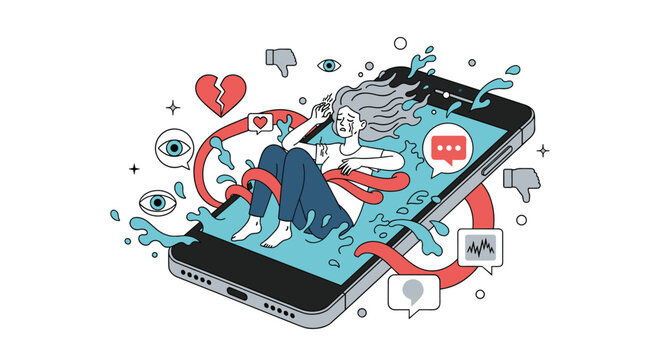 Social media addiction concept showing a sad woman trapped inside a large smartphone screen with crying eyes and hate symbols.
