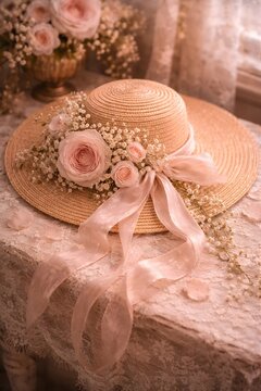 Romantischer Vintage Sonnenhut mit rosa Rosen, Schleife und zarter Blumendekoration