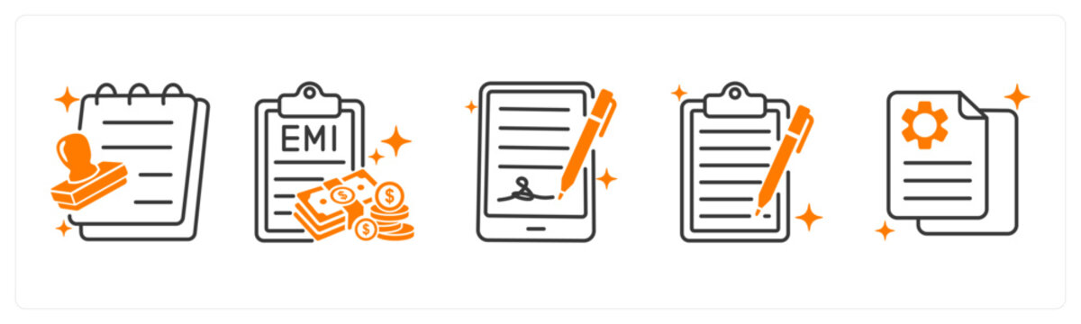 A set of 5 mix icons as loan approval, emi payment, agreement