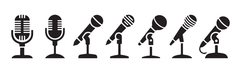 Dynamic microphone icons on stands for stage performance and studio recording professional audio equipment symbols. © Labib