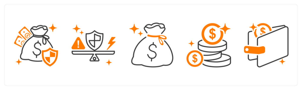 A set of 5 mix icons as financial security, risk managament, money bag