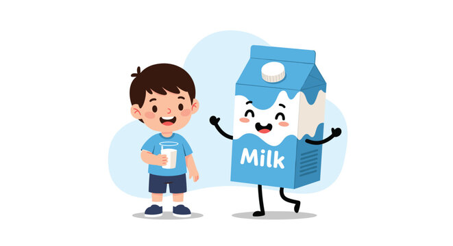 Cheerful young boy holding a glass of fresh milk standing next to a happy personified milk carton mascot character.