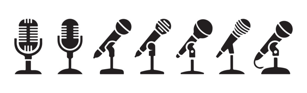 Dynamic microphone icons on stands for stage performance and studio recording professional audio equipment symbols.
