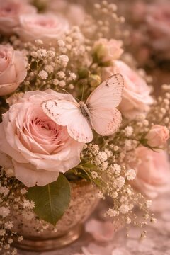 Rosa Rosen mit zartem Schmetterling und Schleierkraut in romantischem Vintage-Stil.